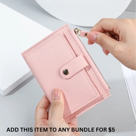 $5 ADD ON ITEMS - Small Pink Wallet Zipper & Button Minimalist Faux Leather - Picture 1 of 6
